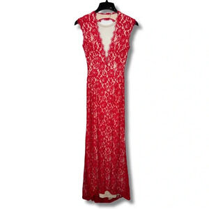 Aidan Mattox Floral Lace Mesh Deep V-Neck Maxi Dress Size 2  Regency-core‎